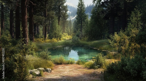 A quiet forest clearing with a small, crystal-clear pond in the center, surrounded by tall trees and thick underbrush.
