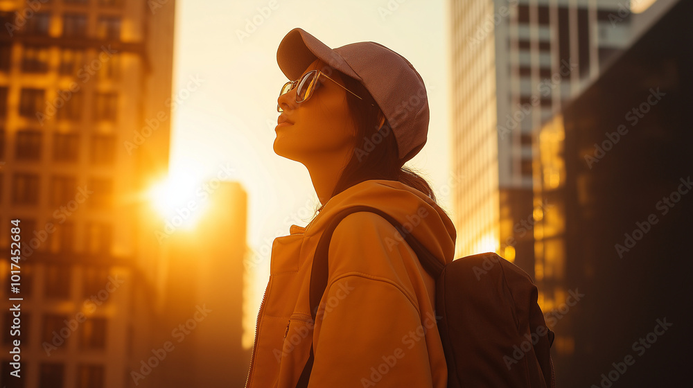 Woman in Sunglasses and Hat Looking Up at Sunset in City Woman in Sunglasses and Hat Looking Up at Sunset in City