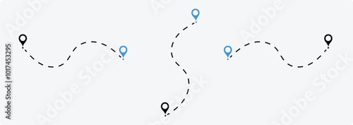 two points with dotted path and location pin. Location pointer continuous one line 