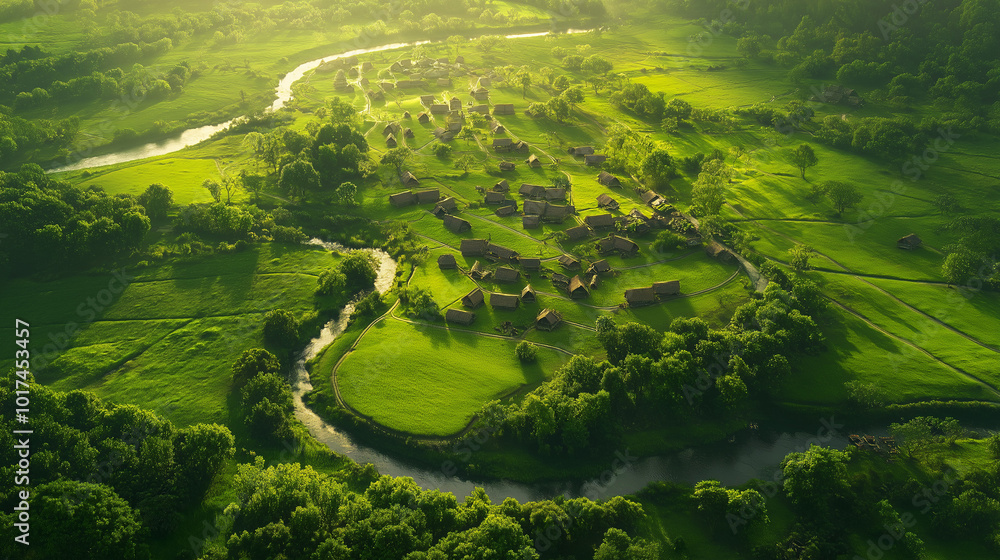Aerial View of a Village Surrounded by Lush Green Fields and a Winding ...