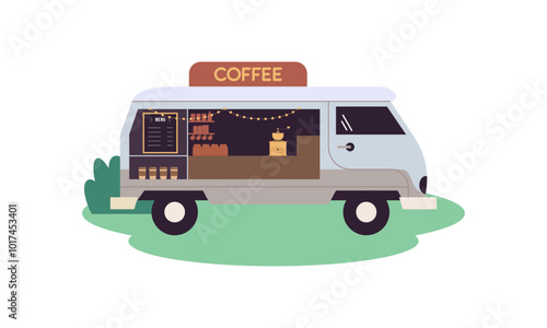 Mobile coffee shop in food truck vector illustration