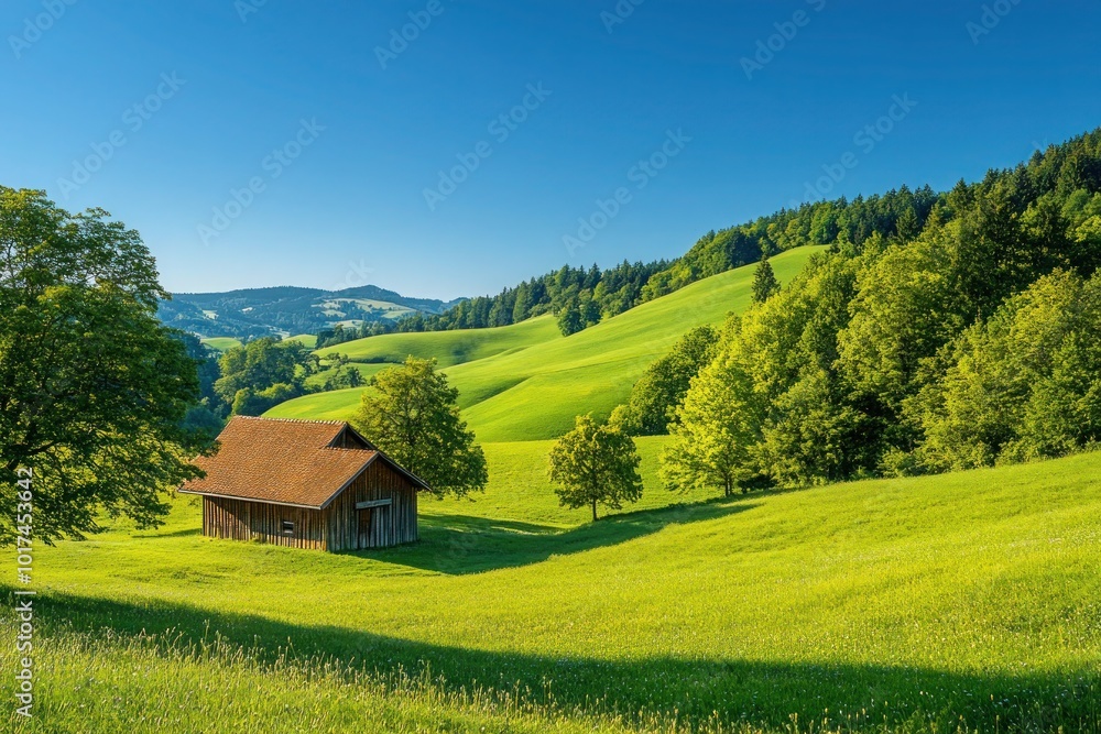 A quiet countryside landscape with rolling hills, green meadows, and a small wooden cottage surrounded by trees under a clear blue sky. A quiet countryside landscape with rolling hills, green meadows, and a small wooden cottage surrounded by trees under a clear blue sky.