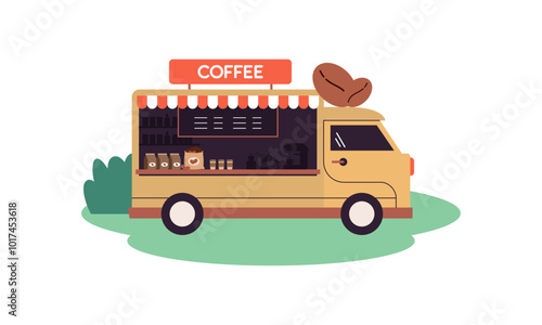 Mobile coffee shop in food truck vector illustration