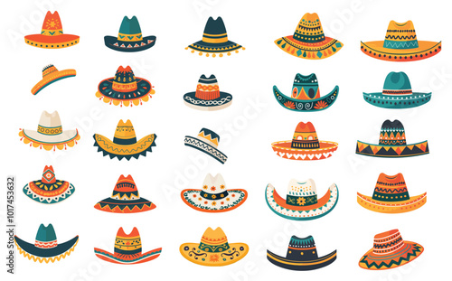 Collection of Mexican Hats and Caps Illustration Vector