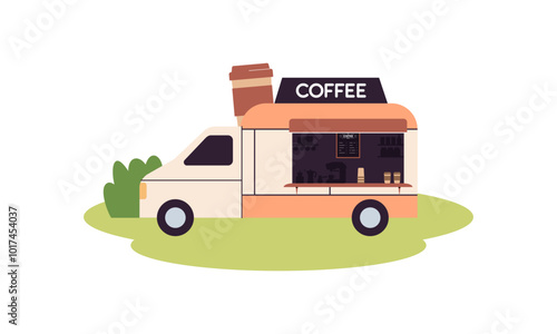 Mobile coffee shop in food truck vector illustration
