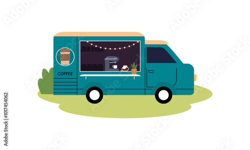 Mobile coffee shop in food truck vector illustration