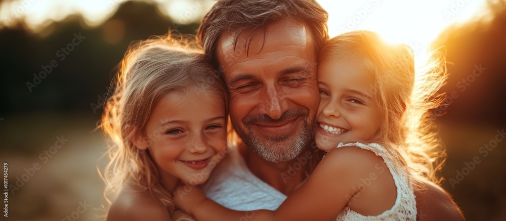 Happy father hugging his two daughters outdoors at sunset. Happy father hugging his two daughters outdoors at sunset.