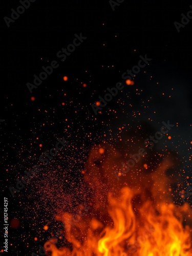 Fire particles and embers in the air black background power of hot fire intensive flames Smoke Explosion Backdrop