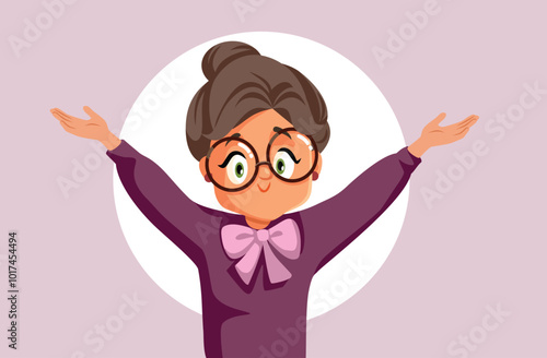 Cheerful Old Lady with Arms Raised Vector Illustration. Happy energetic mature woman feeling healthy and joyful
