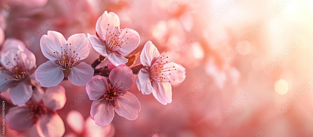 Delicate pink cherry blossoms in soft light with a blurred background. Delicate pink cherry blossoms in soft light with a blurred background.