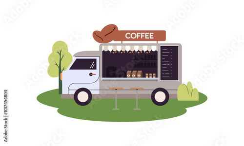 Mobile coffee shop in food truck vector illustration