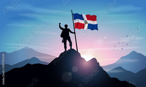 Dominican Republic flag, silhouette of man holding flag on Sunset cliff. Vector Illustrator