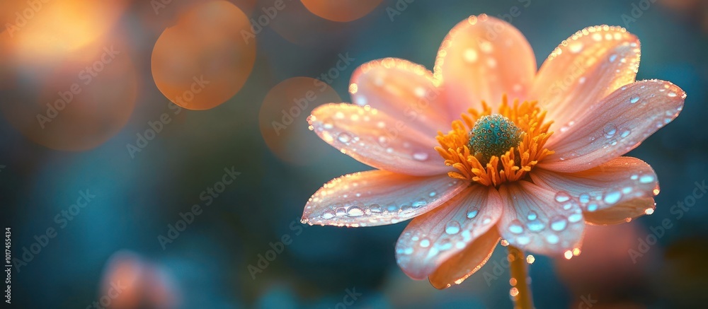 A single pink flower with dew drops against a bokeh background. A single pink flower with dew drops against a bokeh background.