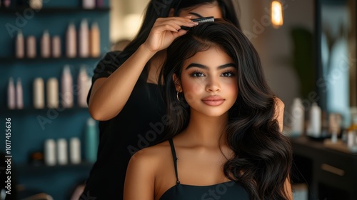 Woman getting her hair styled in a salon, showcasing sleek and voluminous waves.