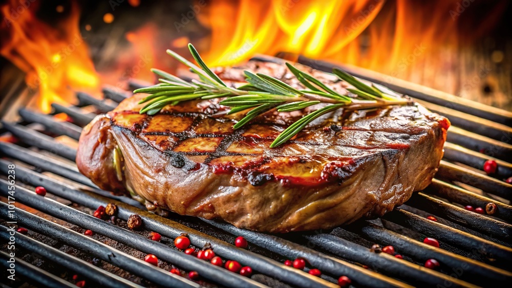 Aerial view of grilled beef steak with herbs and spices on the barbecue grill Aerial view of grilled beef steak with herbs and spices on the barbecue grill