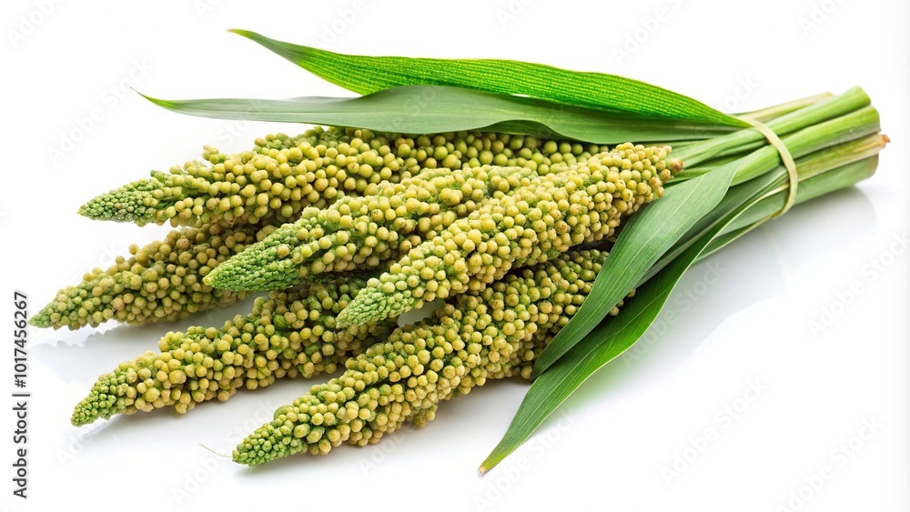 Aerial view of green millet sorghum sprays with leaves isolated on white background Aerial view of green millet sorghum sprays with leaves isolated on white background