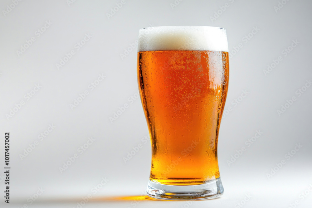 Glass of beer on white background, foam frothing above the rim, condensation glistening on the sides. Glass of beer on white background, foam frothing above the rim, condensation glistening on the sides.