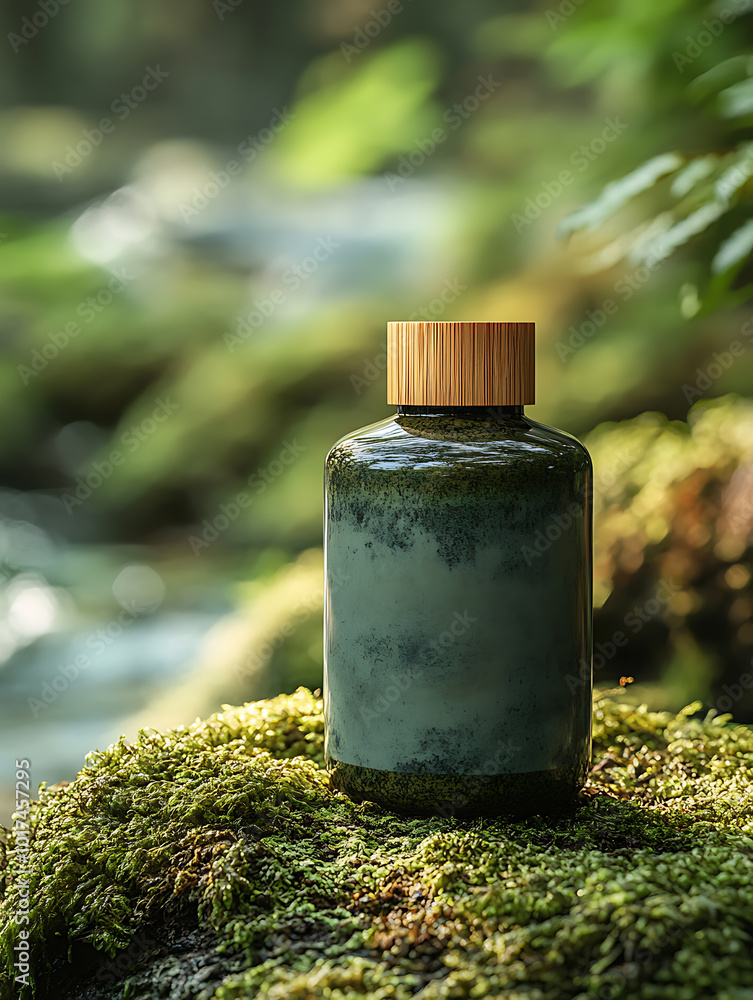 A green glass bottle with a bamboo lid sits on a bed of moss in a lush forest setting. A green glass bottle with a bamboo lid sits on a bed of moss in a lush forest setting.