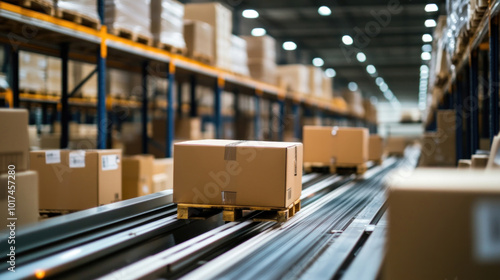 Warehouse with boxes on conveyor, workers loading items. Busy atmosphere, shelves packed with goods, forklifts in motion.