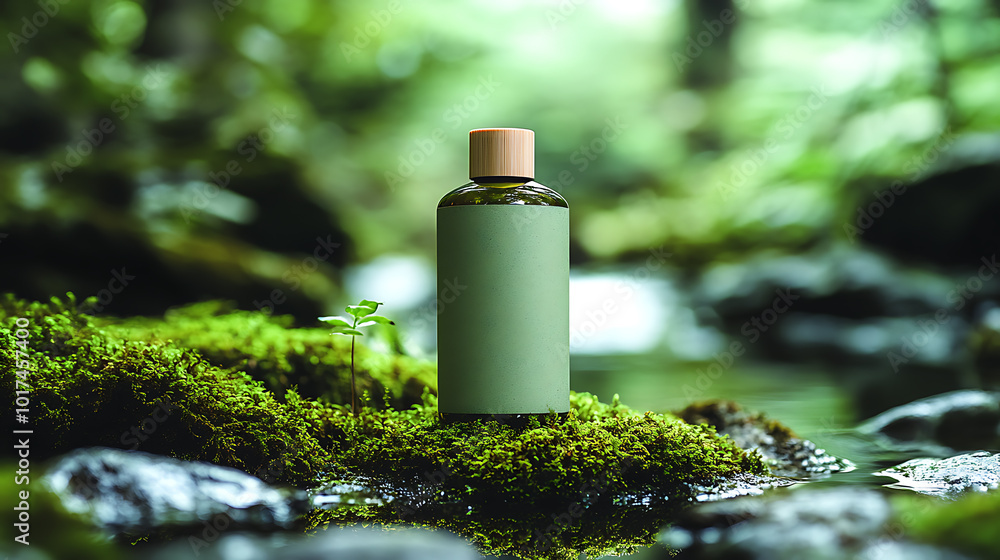 A green bottle with a wooden cap sits on a bed of moss next to a stream in a lush forest. A green bottle with a wooden cap sits on a bed of moss next to a stream in a lush forest.