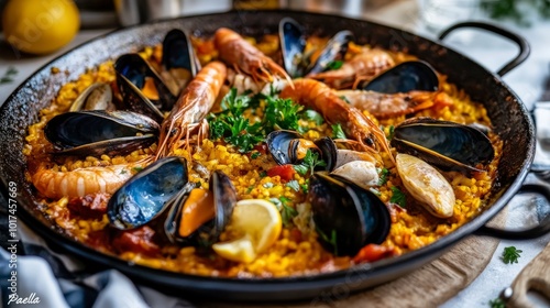 Delicious traditional seafood paella with shrimp, mussels, and lemon garnish