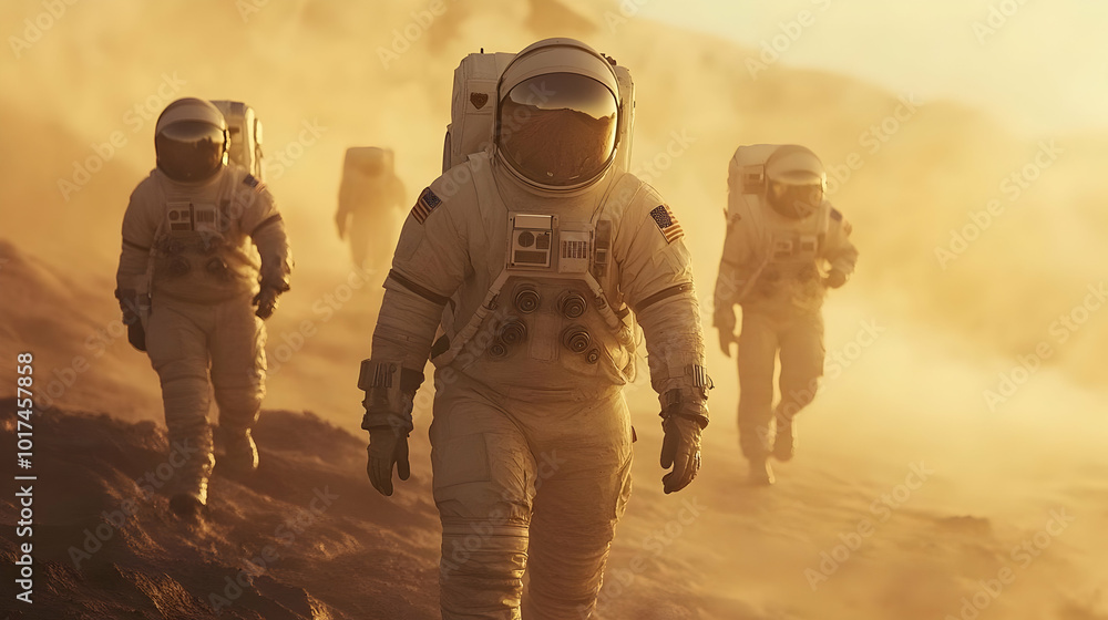 Astronauts Walking on a Dusty Planet 3D Illustration Astronauts Walking on a Dusty Planet 3D Illustration