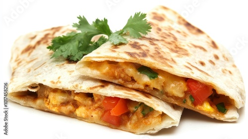 Savory cheese and vegetable quesadilla with cilantro garnish on white background