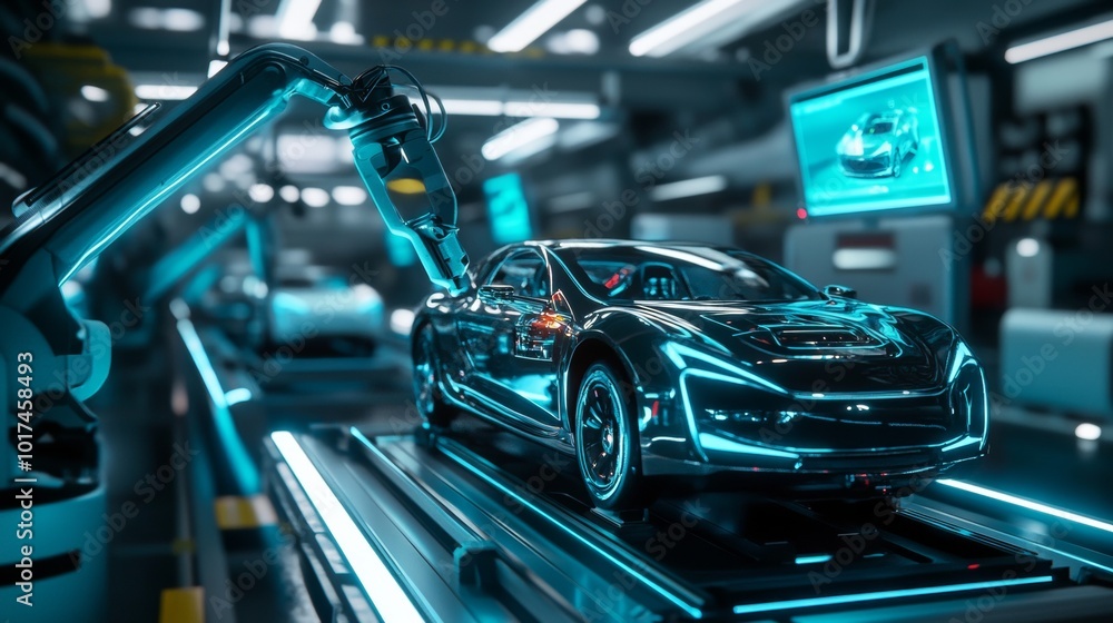 Futuristic Factory. Robotic Arms Assembling Electric Vehicles with Precision Futuristic Factory. Robotic Arms Assembling Electric Vehicles with Precision