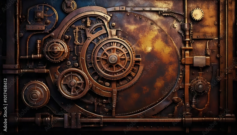 A detailed, metallic steampunk wall featuring intricate gears, pipes, and mechanical elements, showcasing a blend of vintage design and industrial aesthetics. A detailed, metallic steampunk wall featuring intricate gears, pipes, and mechanical elements, showcasing a blend of vintage design and industrial aesthetics.