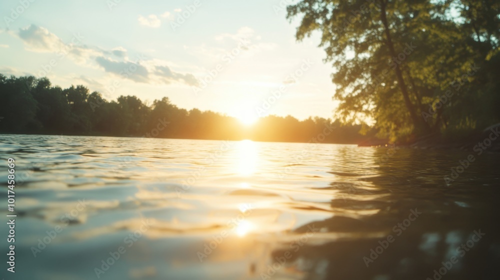 A breathtaking sunset casts warm hues across calm lake waters, creating a peaceful natural vista bordered by greenery A breathtaking sunset casts warm hues across calm lake waters, creating a peaceful natural vista bordered by greenery