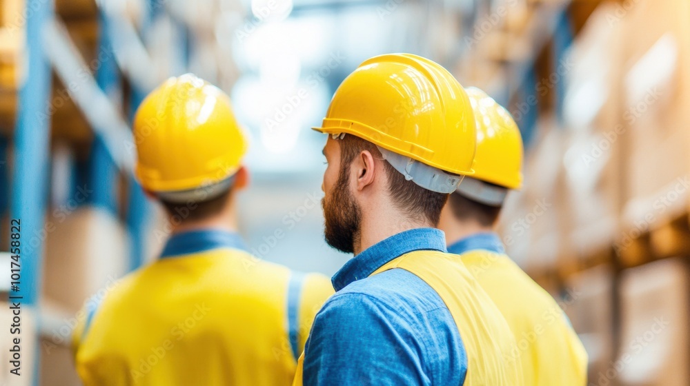 Friendly discussion among warehouse workers in hard hats as they manage their tasks amid organized storage shelves Friendly discussion among warehouse workers in hard hats as they manage their tasks amid organized storage shelves