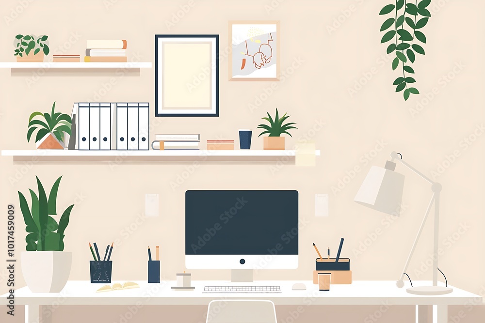 Obraz premium A set of office icons integrated into a stylish home office setup with plants and minimalist decor in the background
