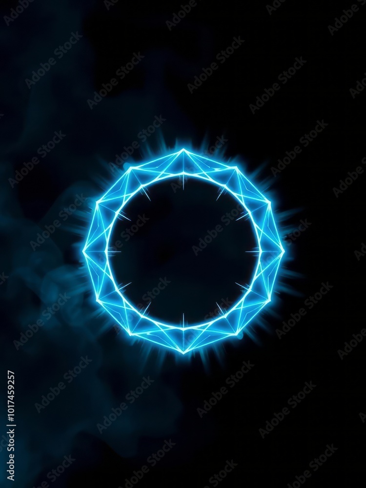 Neon blue color geometric circle on a dark background round mystical ...
