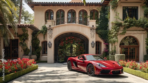 A red sports car parked in front of an ornate mansion with a gated entrance and red roses. AI generative. .