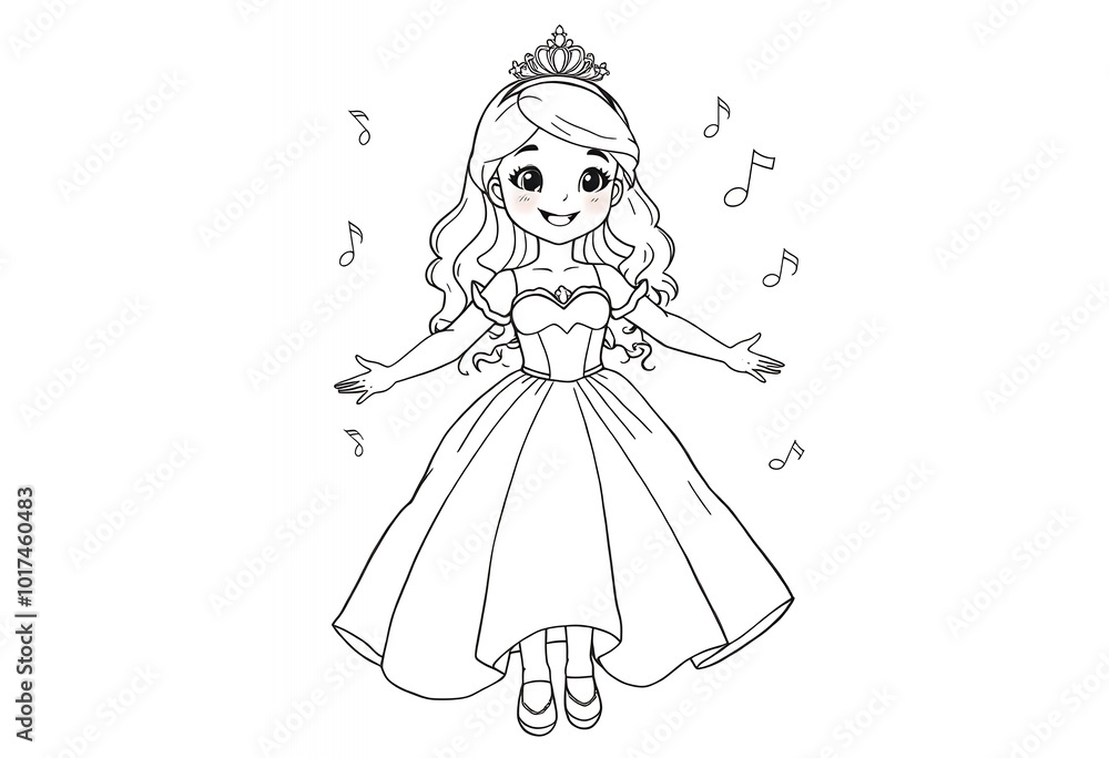 Fototapeta premium Princess in a Ball Gown with Musical Notes Outline Illustration