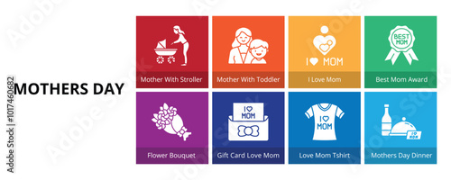 Mothers Day Glyph Solid Banner Web Icon Set Vector Illustration, Mother With Stroller Toddler I Love Mom Best Mom Award Flower Bouquet Gift Card T shirt Dinner
