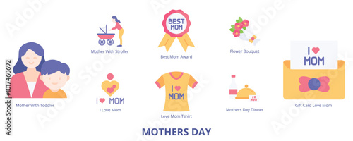 Mothers Day Flat Banner Web Icon Set Vector Illustration, Mother With Stroller Toddler I Love Mom Best Mom Award Flower Bouquet Gift Card T shirt Dinner