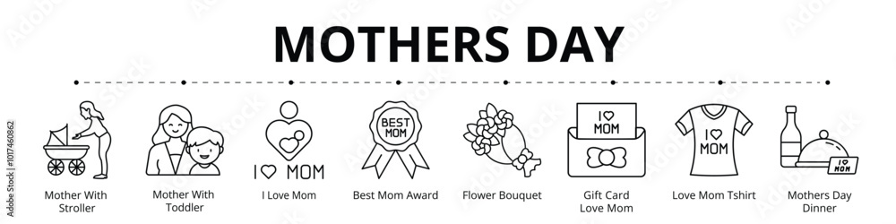 Mothers Day Line Banner Web Icon Set Vector Illustration, Mother With Stroller Toddler I Love Mom Best Mom Award Flower Bouquet Gift Card T shirt Dinner Mothers Day Line Banner Web Icon Set Vector Illustration, Mother With Stroller Toddler I Love Mom Best Mom Award Flower Bouquet Gift Card T shirt Dinner