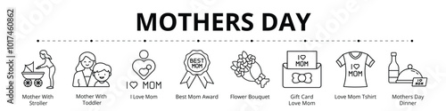 Mothers Day Line Banner Web Icon Set Vector Illustration, Mother With Stroller Toddler I Love Mom Best Mom Award Flower Bouquet Gift Card T shirt Dinner