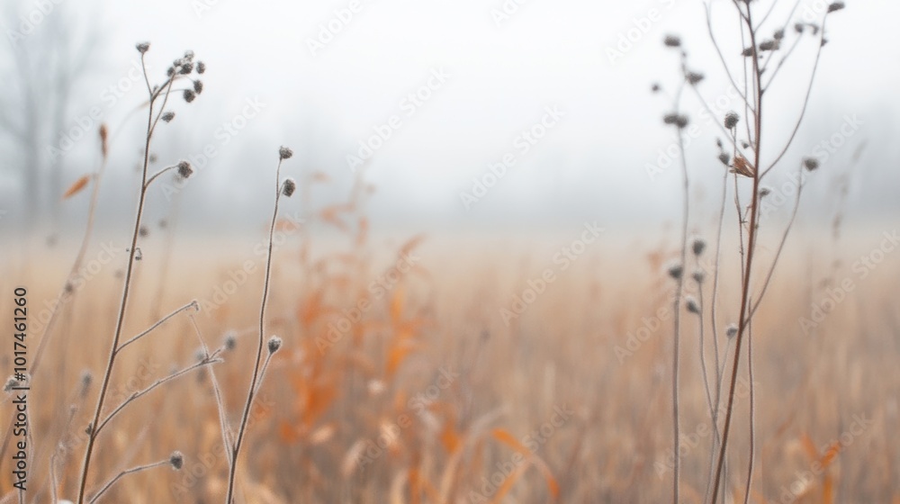 Obraz premium A tranquil winter scene unfolds with dry grass and scattered leaves blending into the fog. Nature appears serene and still