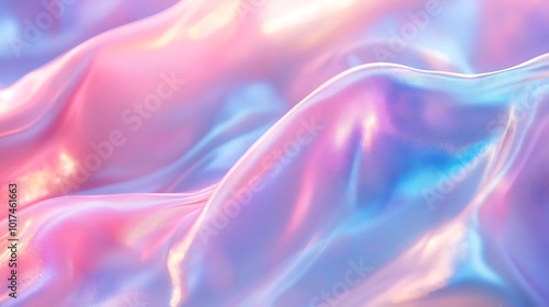 A vibrant, iridescent fabric surface, showcasing soft, flowing waves with hues of pastel pink and blue.