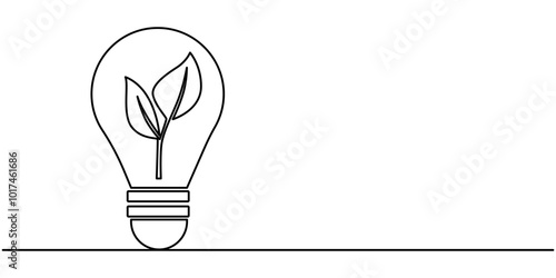Plant and light bulb in one continuous line drawing. Creative concept of renewable green energy and environmental friendly sources. Editable stroke. Doodle vector illustration, Clean lightbulb