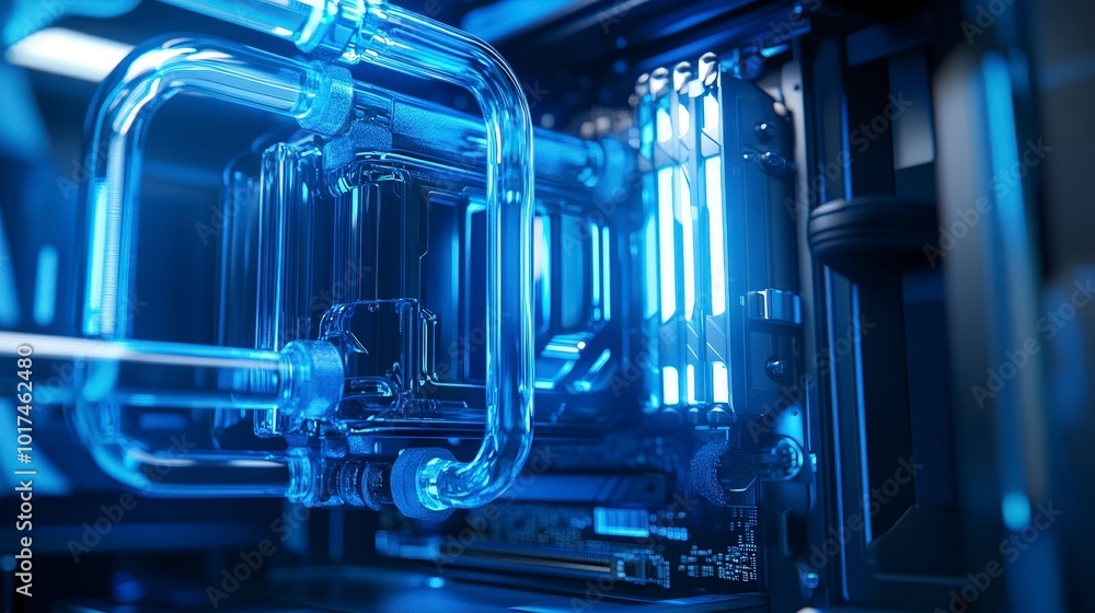 Close-up view of futuristic liquid cooling system in a computer Close-up view of futuristic liquid cooling system in a computer