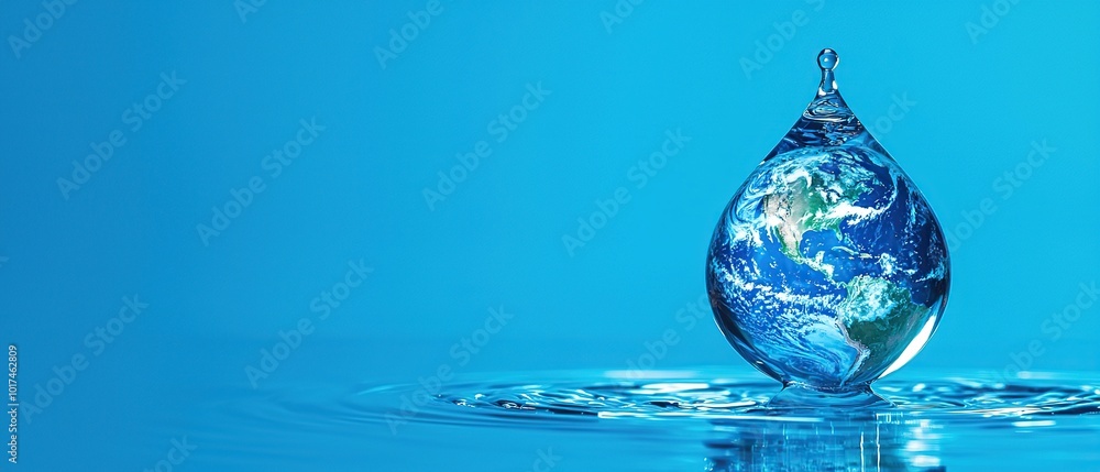 A water droplet with the Earth inside falls into a pool of water. A water droplet with the Earth inside falls into a pool of water.