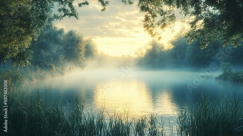 Misty Morning on a Serene Lake Surrounded by Trees