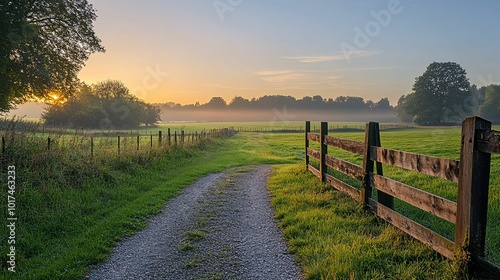 A Country Path at Sunrise Through a Foggy Meadow