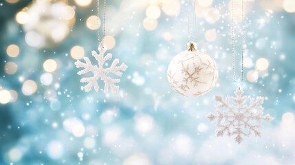 Delicate snowflakes and shimmering baubles hang against a soft, snowy backdrop, creating a magical winter holiday ambiance
