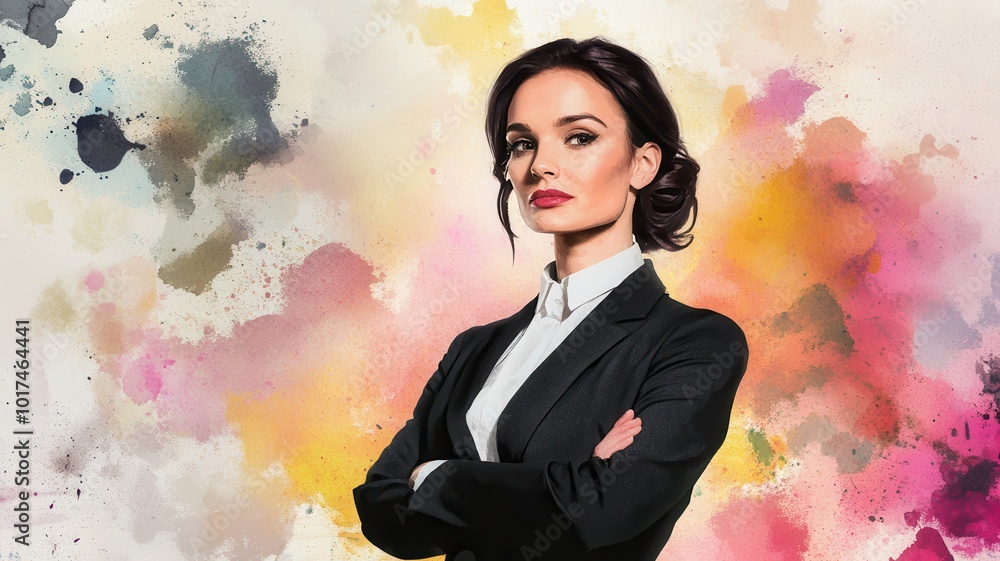A confident woman in a suit poses against a vibrant, artistic background, showcasing a blend of professionalism and creativity. A confident woman in a suit poses against a vibrant, artistic background, showcasing a blend of professionalism and creativity.