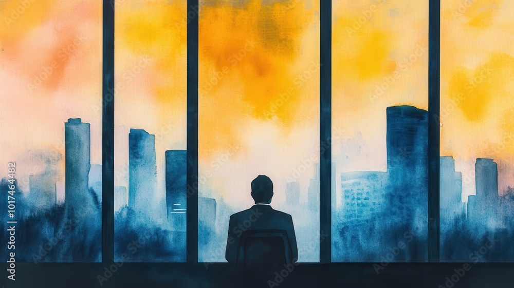 Fototapeta premium A solitary figure gazes out at a vibrant city skyline during sunset, framed by large windows, evoking contemplation and ambition.