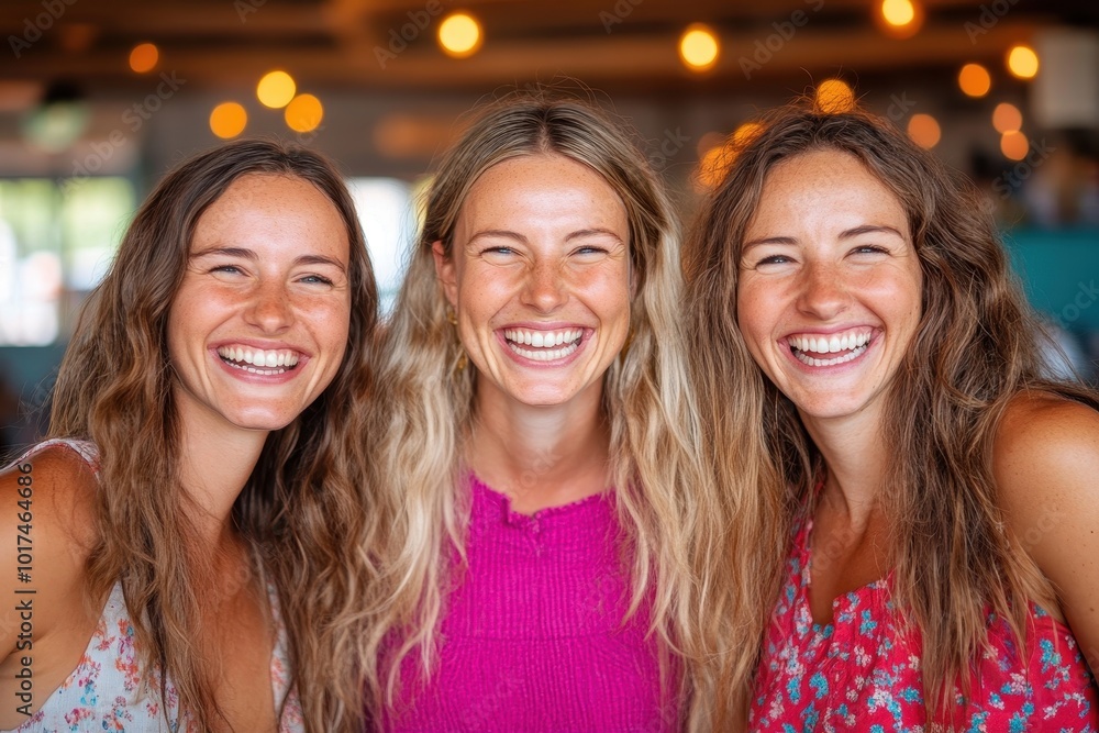 Three smiling women in casual outfits Three smiling women in casual outfits